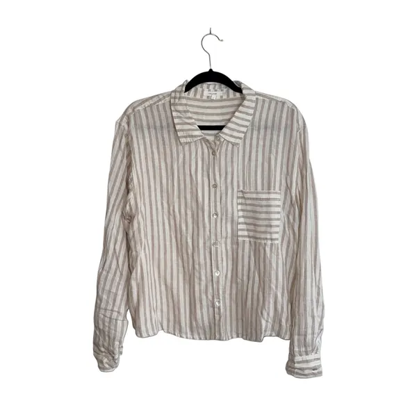 Maurices Cropped Striped Button Down Shirt Cream White Linen - Image 2