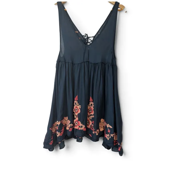 Free People Intimately Navy Blue Floral Embroidered Lace Up Mini Dress Small - Image 3