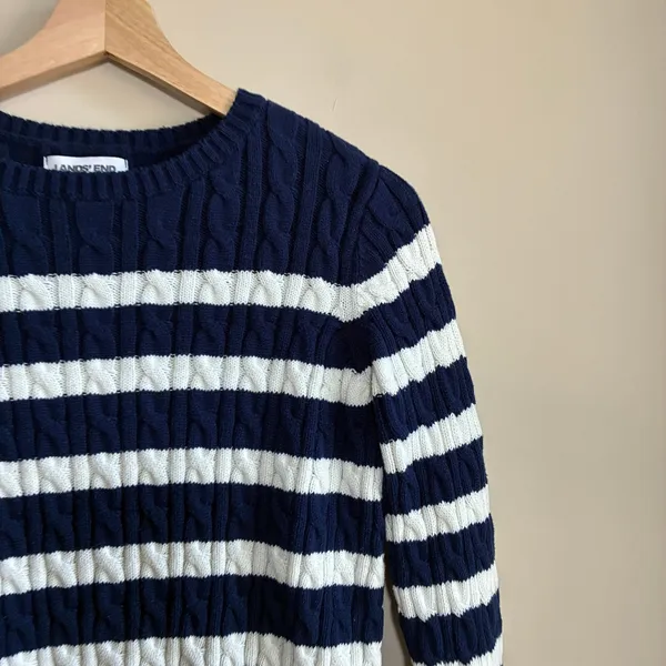 Lands' End blue white striped pullover cable knit sweater women's XS 100% cotton - Image 2