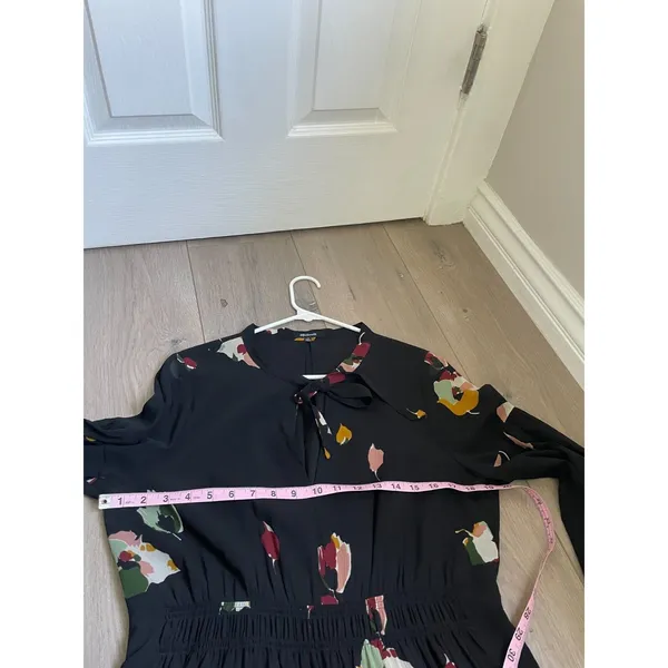 Madewell Short Dress VNeck Collar Tie Leaf Print Black Sheer Long Sleeves Size 1 - Image 5
