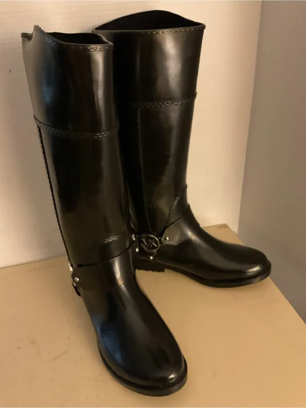 Michael Kors women Glossy Black Tall MK Logo Fulton harness Rain Boots US 8 - Image 6