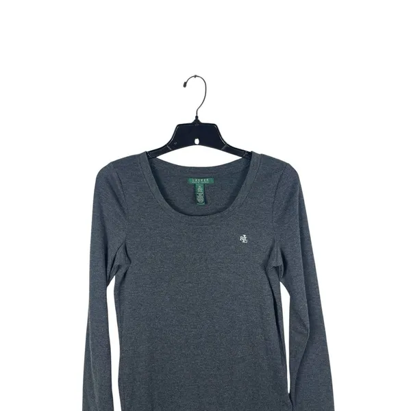Lauren Ralph Lauren Women’s Dark Gray Scoop Neck Long Sleeve LRL Logo Top M - Image 2