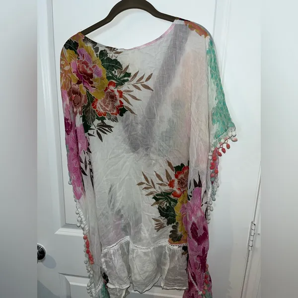 Z&L Europe Floral Textured Pom-Pom Open Front Pattern Airy Caftan Cover Up Sz L - Image 8
