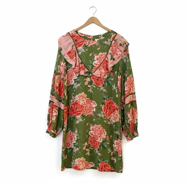 FARM Rio Anthropologie Elinor Tunic Dress Green‎ & Pink Floral Ruffle Size M - Image 3