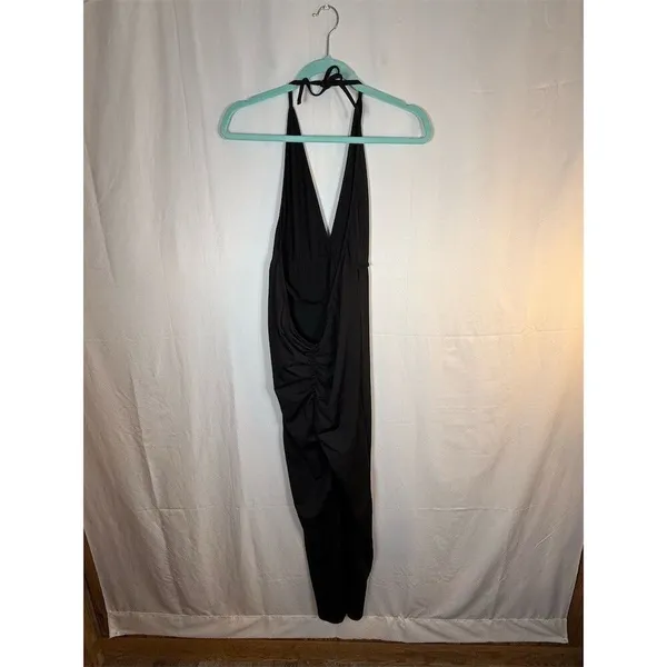 Womens Black Halter Jumpsuit S Deep V Open Back Ruched Straight Leg 28 unbranded - Image 9