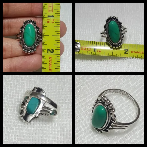 Retro Silver Long Oval Turquoise Ring Size - Image 3
