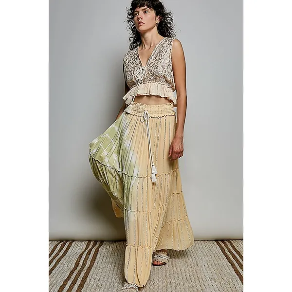 POL Shimmer Pattern Deep V Tie Front Tassel Ruffle‎ Hem Sleeveless Crop Top - M - Image 5