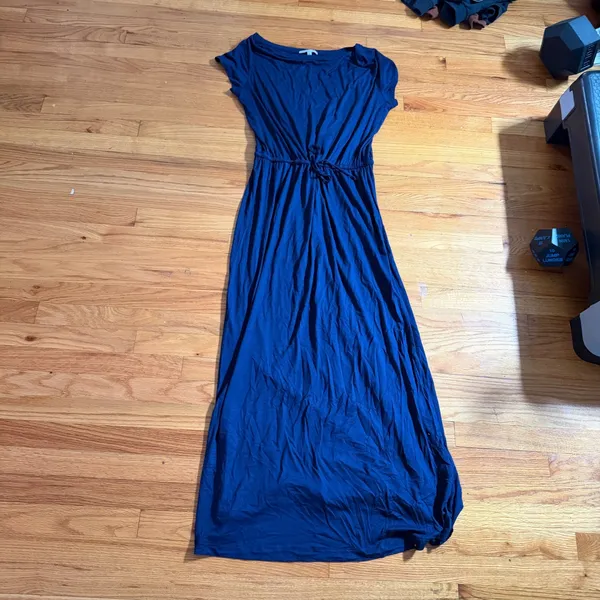 Gap Cap Sleeve Maxi Dress Size Large Navy Blue Drawstring Waist Jersey Knit - Image 4