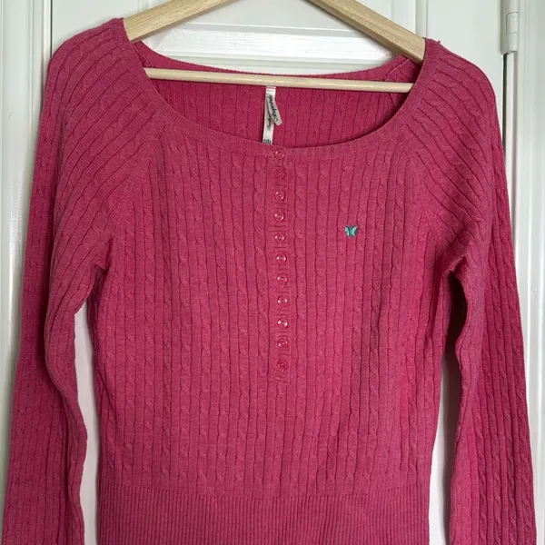 Aeropostale y2k label cableknit cropped half button sweater butterfly logo - Image 3
