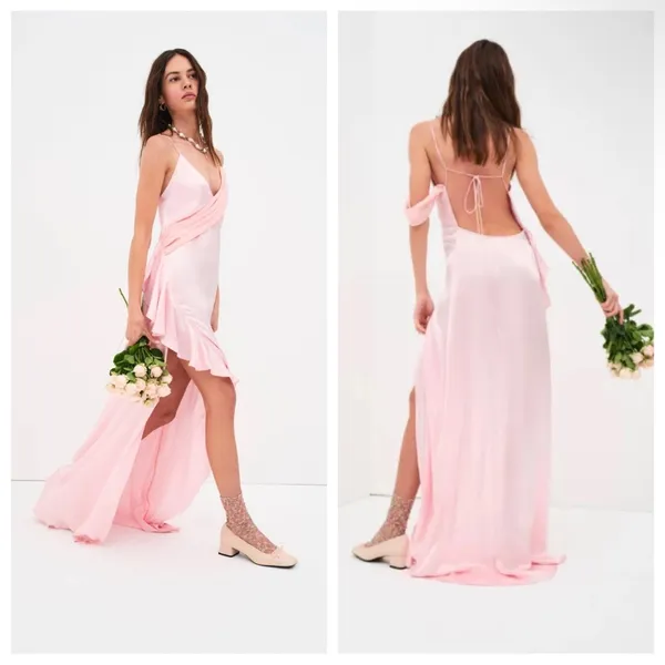 NWT For Love & Lemons Draped Plunge Neck Asymmetric James Maxi Dress Pink‎ Small - Image 3
