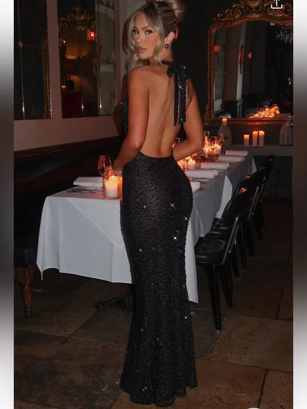 Babyboo Lorena Sequin Cowl Halter Lined Maxi Dress Black Large - Image 6