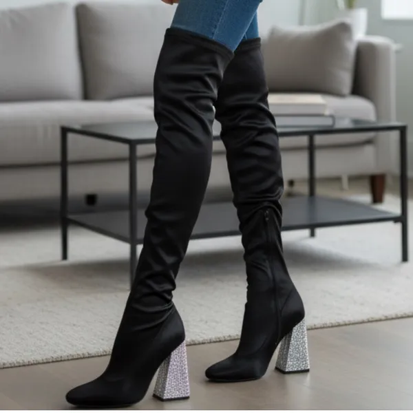 NEW ASOS Glam Black Over-the-Knee Stretch Boots Crystal Embellished Cone Heel - Image 2