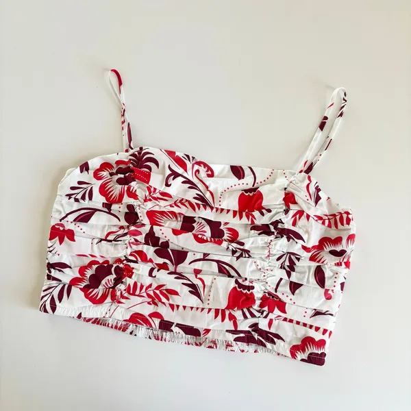 Sugarlips Red and White Tropical Floral Ruched Crop Top Womens Medium NEW Summer - Image 7