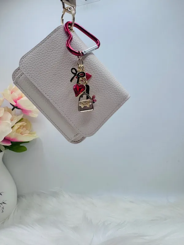 Beige Faux Leather Card Holder Wallet w/ Wristlet Strap & Charm Keychain - Image 3