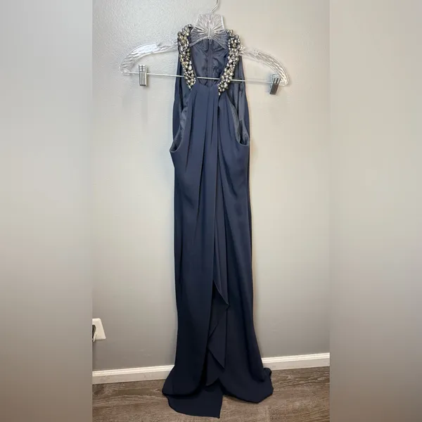 Carmen Marc Valvo Women’s Beaded Toga Navy Maxi Dress‎ Size 4 - Image 2