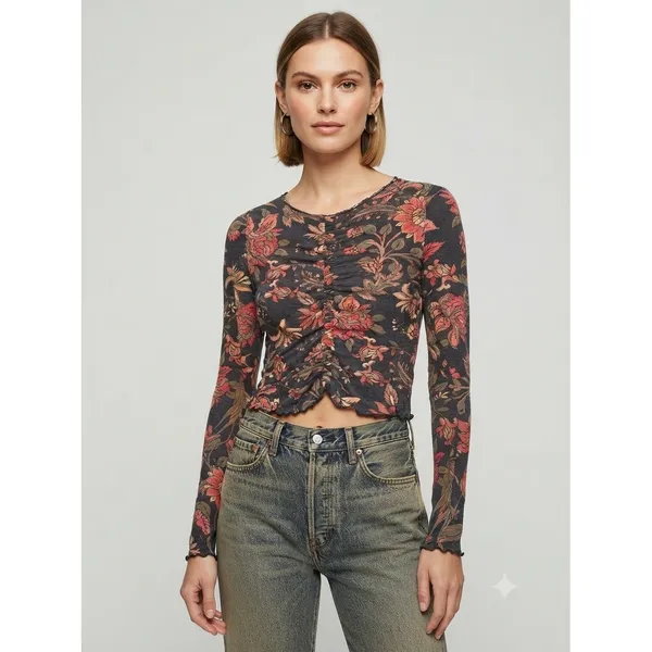 Free‎ People Long Sleeve Top Womens XS Grey Red Floral Ruched We The Free Boho - Image 3