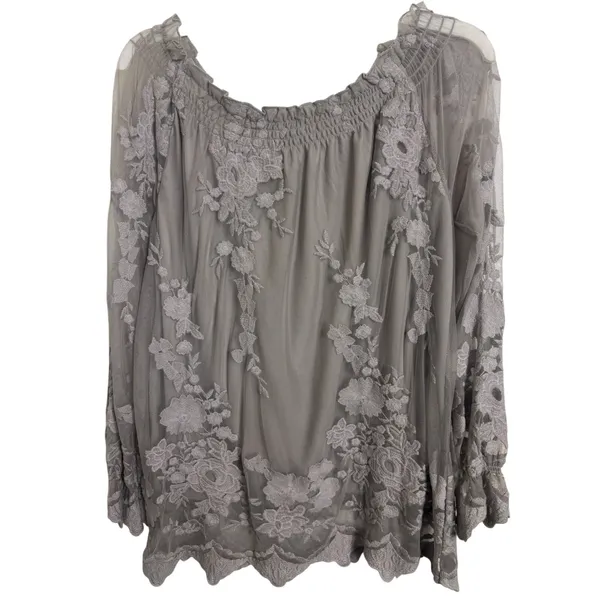 Gray Sheer Lacy Floral Long Sleeve Top M Fairy Grunge Dark Romance Bell Cuff - Image 2