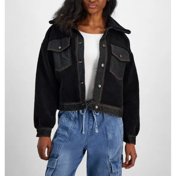 Madden Girl Juniors Denim Sherpa Jacket Size M Black Denim-Trim Fleece Buttons‎ - Image 2