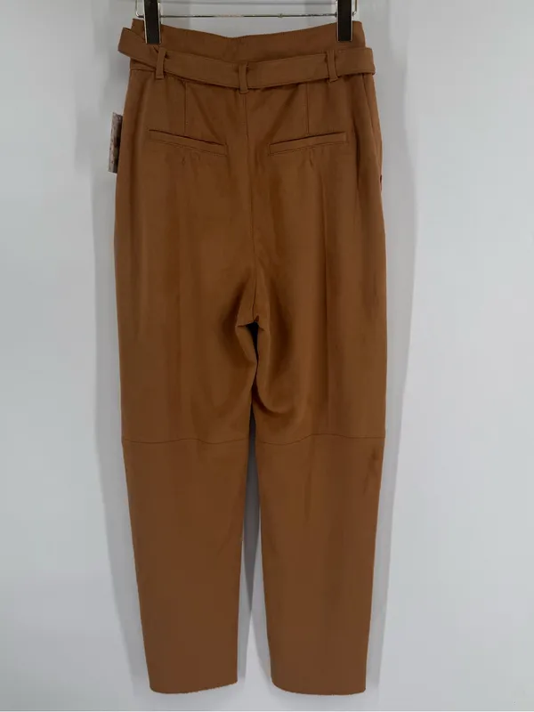 Free People Camel Nightfall‎ Vegan Faux Suede Tie High-Waisted Paperbag Pants - Image 4