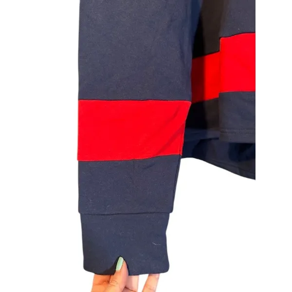 NFL Navy Blue Red Striped Hooded Patriots Boston Football Pullover Women Sz XL - Image 4