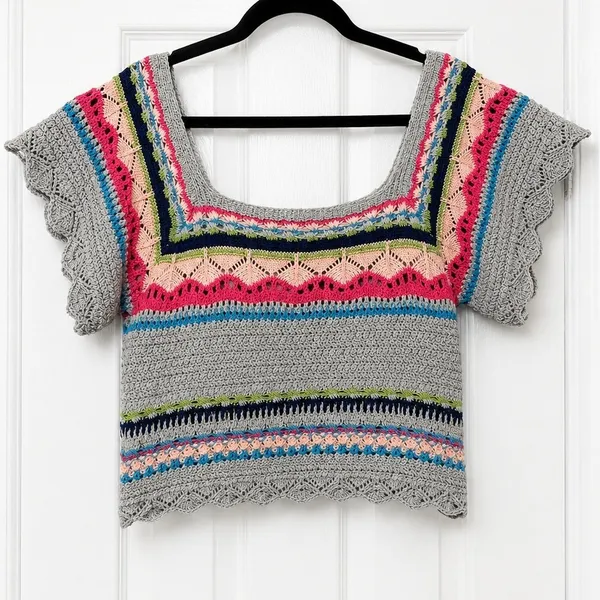 POL Crochet Knit Crop Top Large Gray Stripe Boho Bohemian Festival Open Shirt - Image 2
