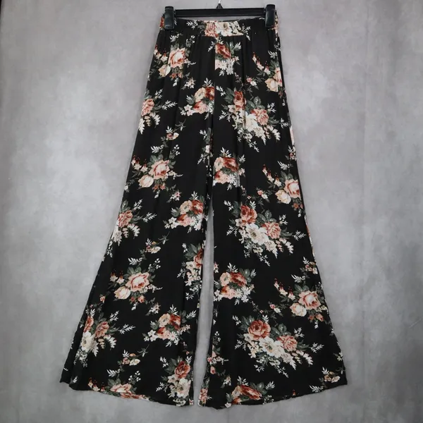 Copper Key Black Floral Wide Leg Pants Boho Palazzo High Waist Lounge VTG‎ Small - Image 2