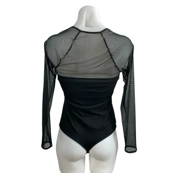 Abercrombie & Fitch Black Sweetheart Neck Mesh Sheer Long Sleeve Bodysuit Top M - Image 3