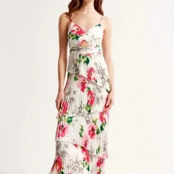 NWT Abercrombie & Fitch A&F Giselle Pleated Tiered Maxi Dress Satin White Floral - Image 4
