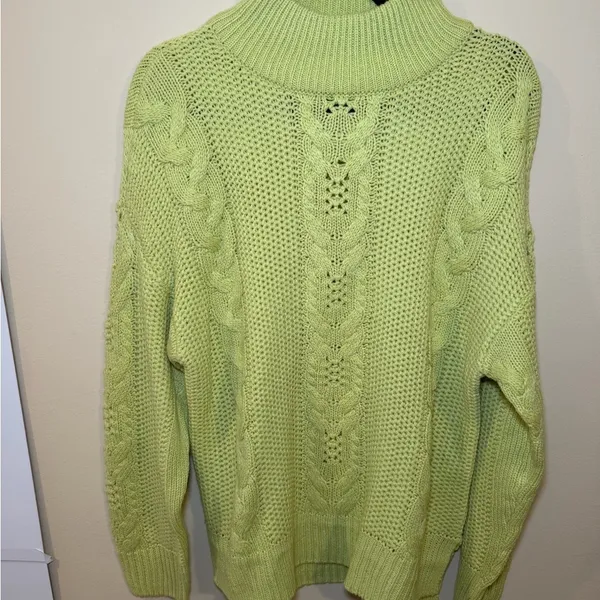 Vero Moda Lime Green Cable Knit Mock Neck Sweater Pointelle Pullover Women Large - Image 2