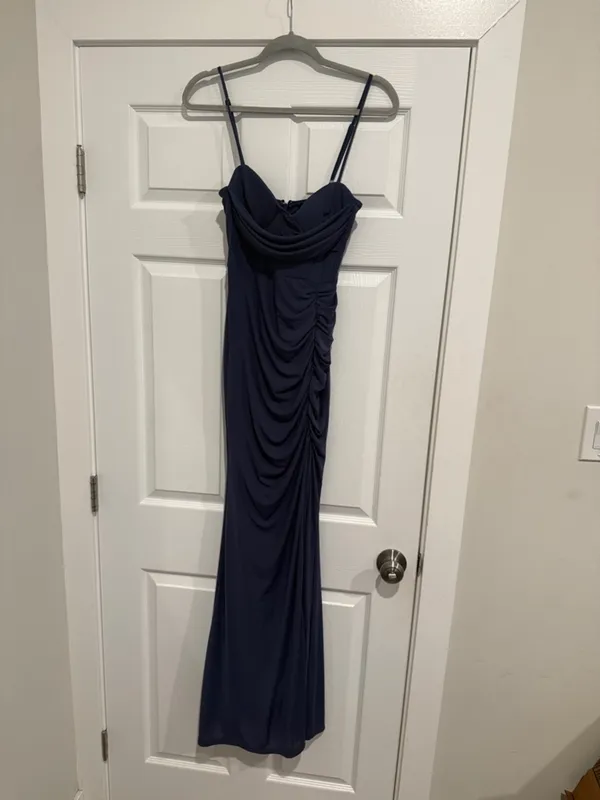 Lulus Flirty Composure Slate Blue Mesh Cowl Bustier Ruched Maxi Dress Small - Image 4