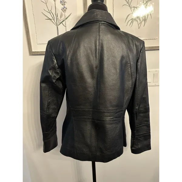 Women’s Black Leather Jacket Blazer Medium Button Up Hipster Retro VTG East 5th - Image 2