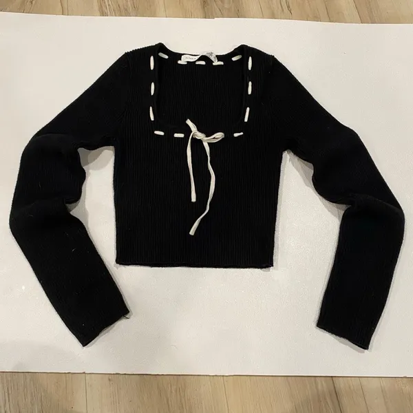 Altar’d State Black Ribbed Lace Up Cropped Sweater Top XS Coquette - Image 2