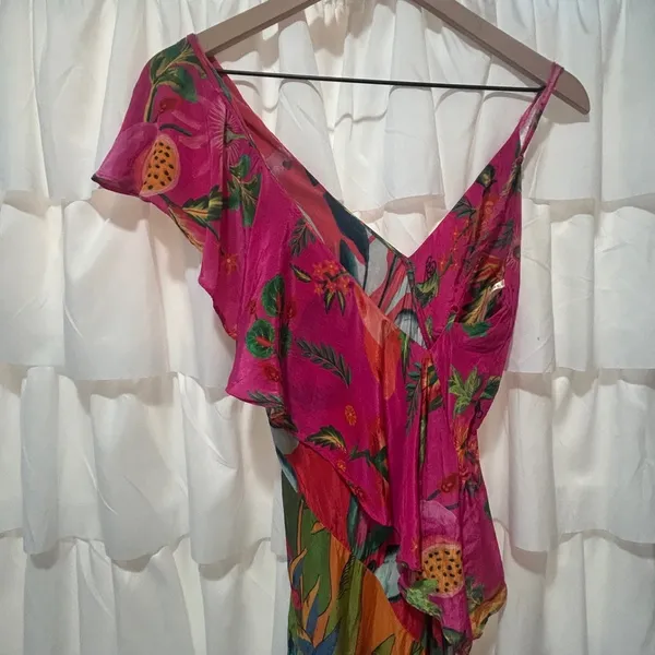 Farm Rio Midi Dress Sm Tropical Ruffle Asymmetric Boho Botanical Anthropologie - Image 8