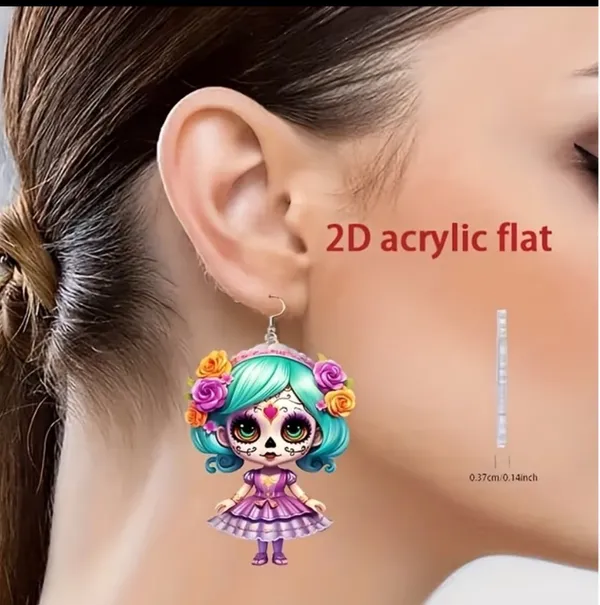 New Day of the Dead Sugar Skull Doll Acrylic Dangle Earrings - Image 4