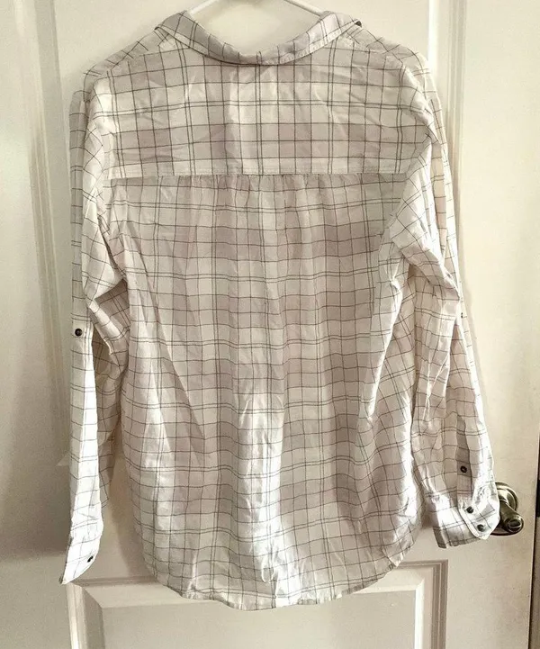 3/$15 Eliot 100% Cotton Windowpane Grid Button Down Blouse in White/Grey - Image 4