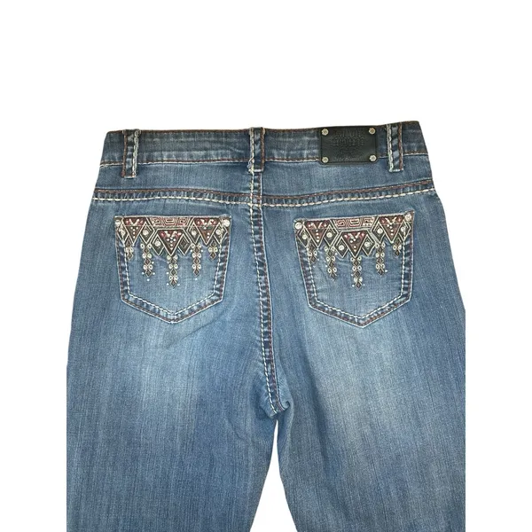 Women's Y2K Rhinestone Embellished Pocket Denim Blue Jeans Boot Cut Stretch Size - Image 7
