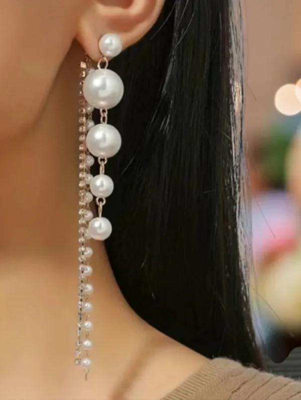 Faux Pearl Shiny Rhinestone Chain Tassel Design Dangle Earrings Elegant‎ - Image 2