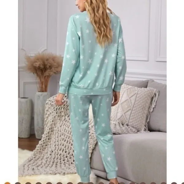 Star Print Lounge Set Mint Green Pajama Set Soft Cozy 2 Piece Boutique NEW M - Image 3