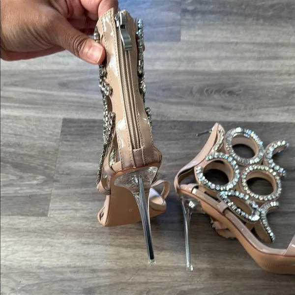 Azelia Wang Tan Stiletto Sandals 9 Nude Embellished PUT A RING ON IT Sexy Heels - Image 12