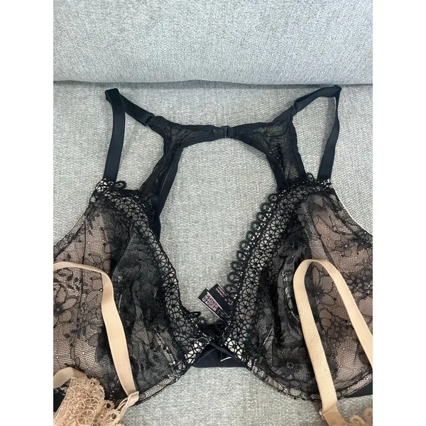 Victoria Secret Set of‎ 2 Unlined Plunge Lace Bra Black & Tan Lingerie 38DD - Image 3
