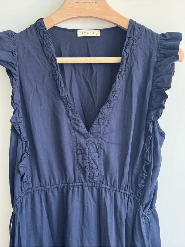 STARK X Navy Blue Cotton Ruffle Tiered Maxi Dress Boho Prairie Cottagecore L - Image 3