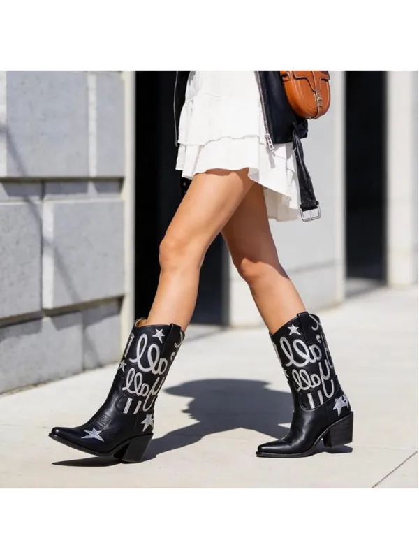NEW Cowboy Boots Mid Calf Cowgirl Boots Pull On Pointed Toe Embroidered 10 - Image 2