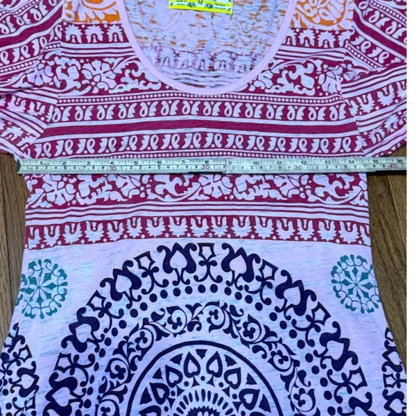 Free People Pink Orange Mandala Flutter Sleeve Boho Scoop Neck Top Medium - Image 4
