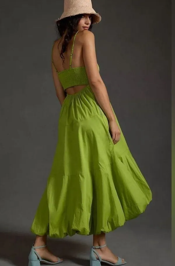 Anthropologie NWT V-Neck Tiered Bubble-Hem Dress Size XSP Lime 100% Cotton - Image 4