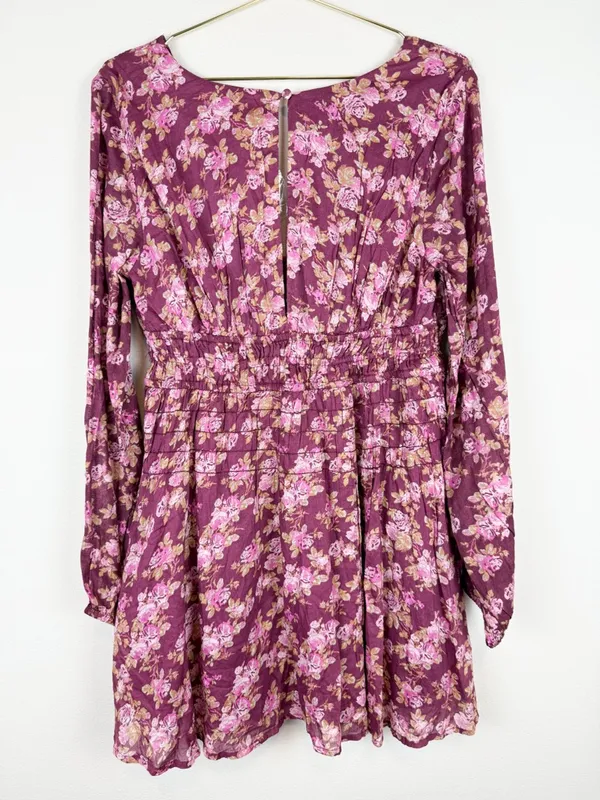 NWT Free People Keep You Mini Dress in Berry Combo Long Sleeve Floral Size Small - Image 12
