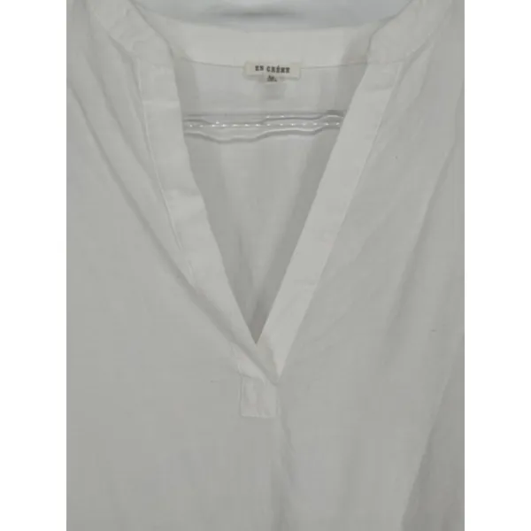 EN CRÈME Blouse‎ Women Medium White Navy Blue Embroidered Crochet Hem V-Neck - Image 2