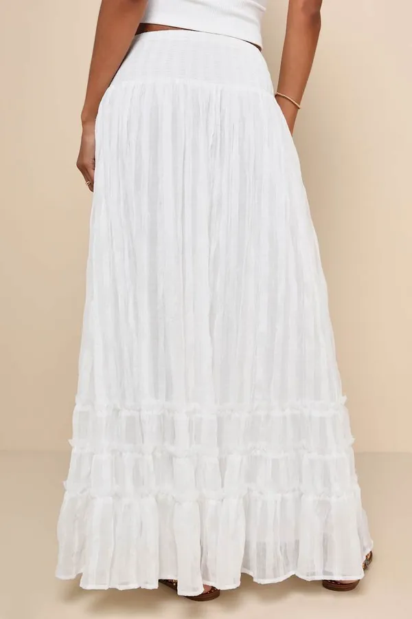 New Lulus Sunny White Smocked Tiered High-Waisted Midi Skirt Size Small MSRP $59 - Image 3