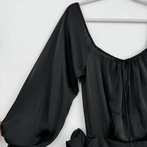 Four National Black Satin Asymmetrical Midi Dress Tie Waist Romantic Goth Size 4 - Image 5