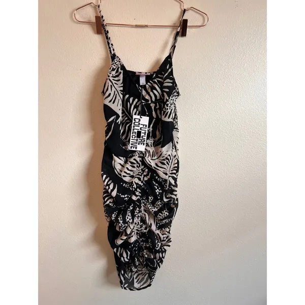 Future Collective Dress Women Small Black Tan Tropical Ruched Mini Alani‎ Noelle - Image 3