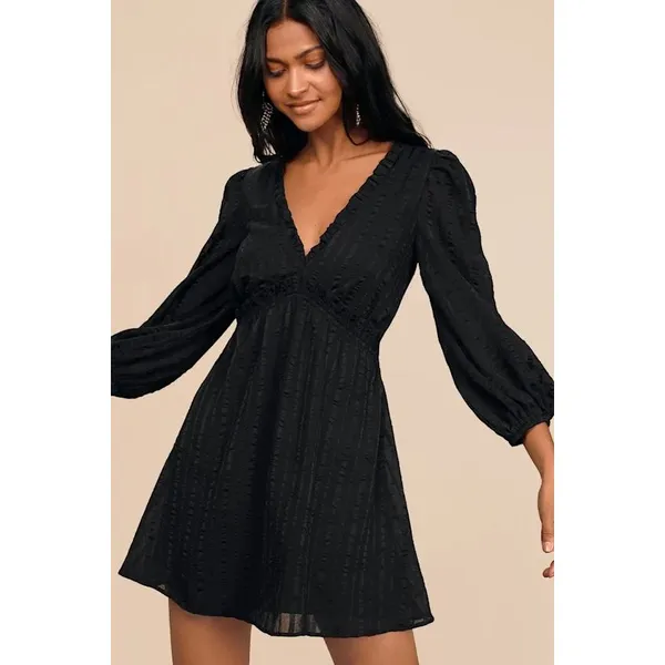 Lulus Womens Mini Dress M Black Jacquard Stripe Ruffle V-Neck Balloon Sleeve - Image 2